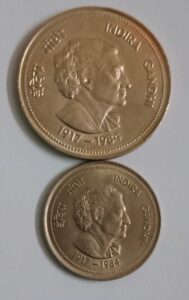 India Indira Gandhi  set of 2 coins 5 Rupees big coin and 50 Paisa