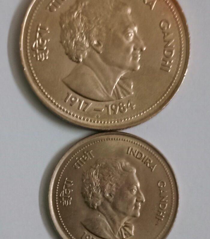 India Indira Gandhi  set of 2 coins 5 Rupees big coin and 50 Paisa