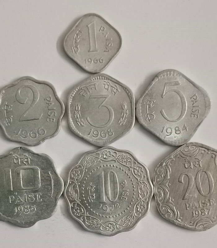 India Set of 7 Coins 1 paisa to 20 paisa all Unc condition for collection