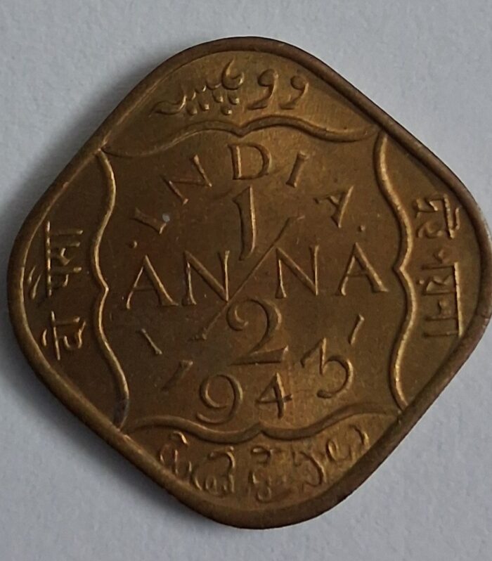 British india Half anna 1943 King George Vi kolkata mint unc coin