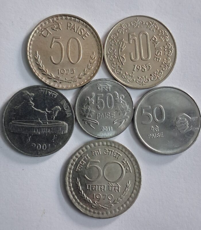Indian coin collection of 6 different 50 paise coins