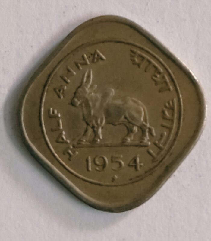 Indian coin half anna 1954 bull to left bombay minted