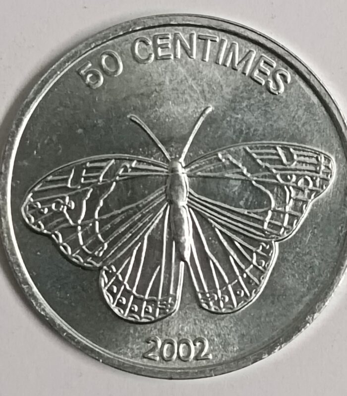 Congo 50 centimes 2002 unc world coin butterfly
