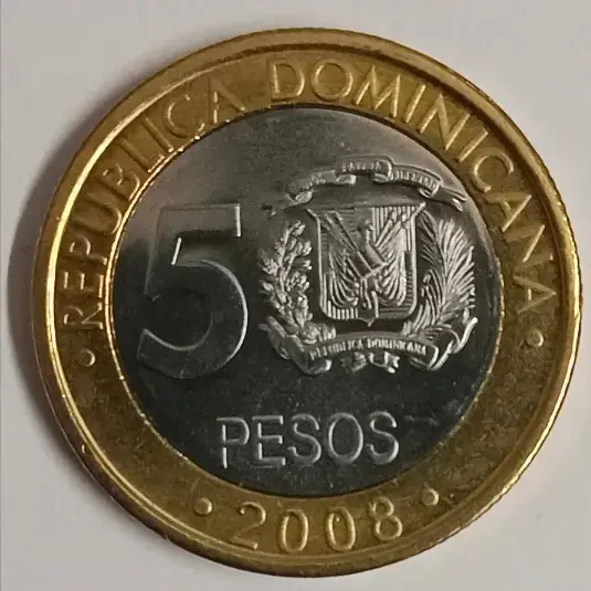 Dominican republic 5 pesos 2008 unc world coin bimetal