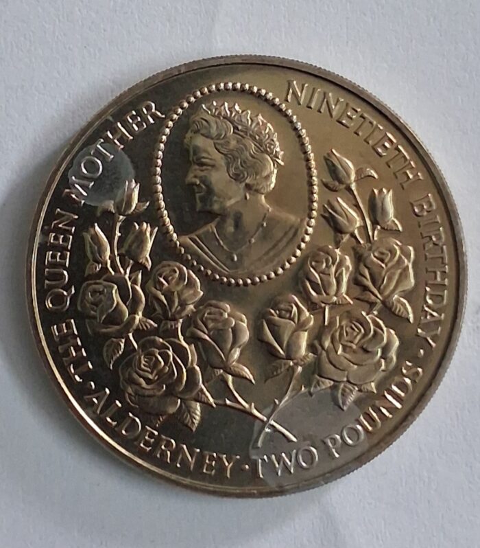 Alderney 2 Pounds 1990 Queen mother's 90th Birthsday world coin