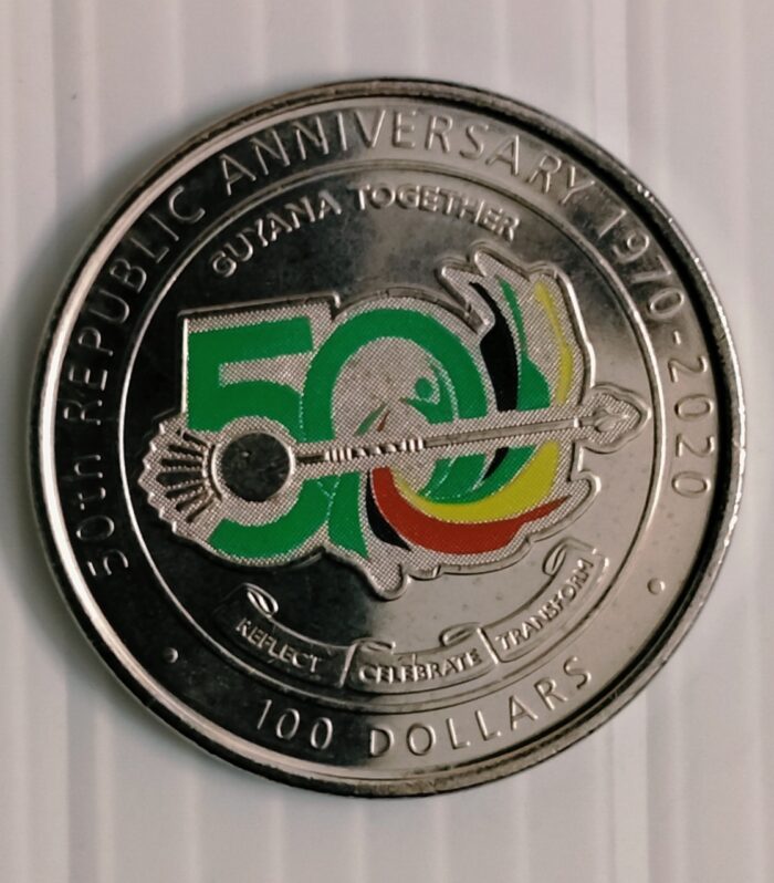 Guyana 100 Dollars 50th Anniversary Coloured coin